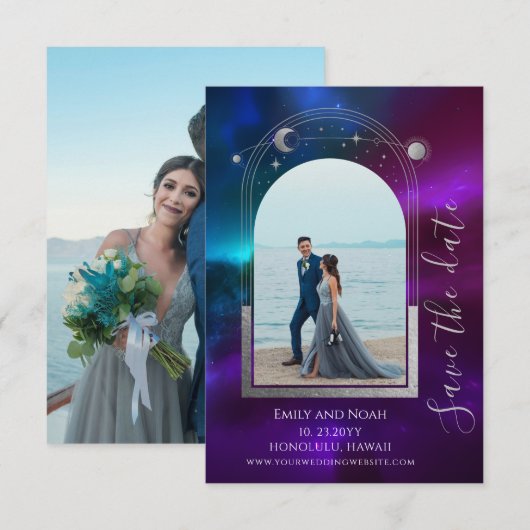 Hemels Paars Turquoise Zon Maan Save The Date (Voorkant / Achterkant)