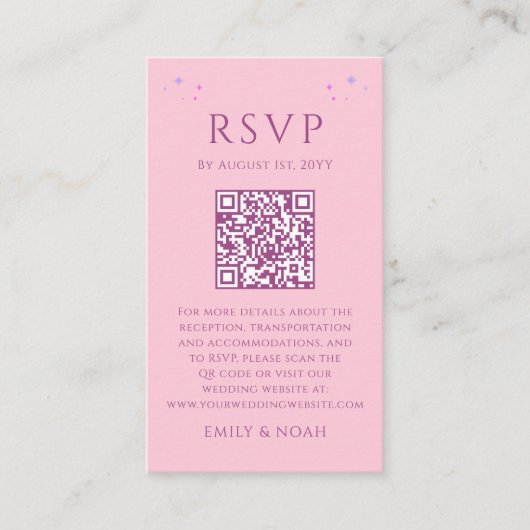 Hemels Roze Paarse Budget QR Code RSVP Foto Informatiekaartje (Voorkant)