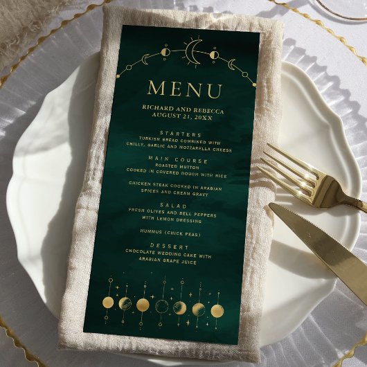 Hemels smaragd gouden halve maanfaase trouw menu