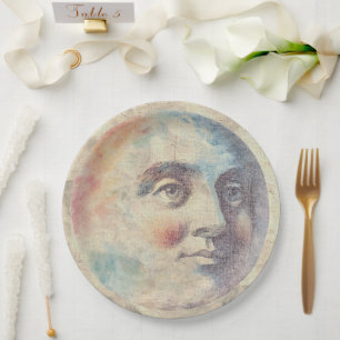 Hemels waterverf bord met man in de maan vintage