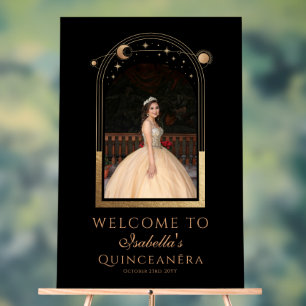 Hemels Zwart Goud Quinceañera Verjaardags Welkom Acryl Bord