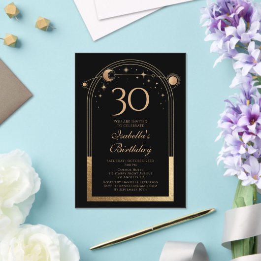 Hemels Zwart Gouden Zon Maan Sterren 30e Verjaarda Acryl Uitnodigingen (Insitu (Huwelijk))
