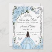 Hemelsblauw Bloemen Prinses Gown Sweet 16 QUINCEAÑ Save The Date (Voorkant)