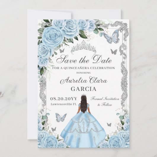 Hemelsblauw Bloemen Prinses Gown Sweet 16 QUINCEAÑ Save The Date (Voorkant)