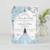 Hemelsblauw Bloemen Prinses Gown Sweet 16 QUINCEAÑ Save The Date (Staand voorkant)