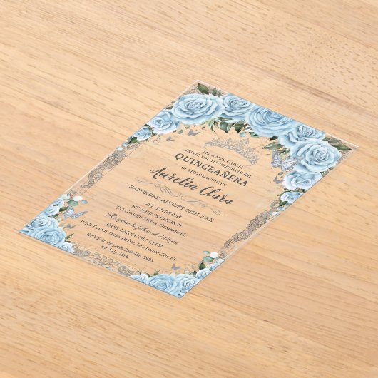 Hemelsblauw Bloemen Zilver Zoet Zestien QUINCEAÑER Acryl Uitnodigingen (Laagn)