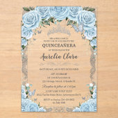Hemelsblauw Bloemen Zilver Zoet Zestien QUINCEAÑER Acryl Uitnodigingen (Voorkant)