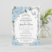 Hemelsblauw Bloemen Zilver Zoet Zestien QUINCEAÑER Kaart (Staand voorkant)