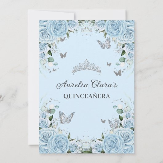 Hemelsblauw Bloemen Zilver Zoet Zestien QUINCEAÑER Kaart (Achterkant)