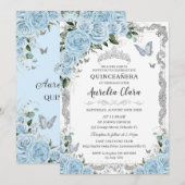 Hemelsblauw Bloemen Zilver Zoet Zestien QUINCEAÑER Kaart (Voorkant / Achterkant)