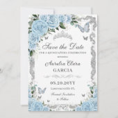 Hemelsblauw Bloemen Zilver Zoet Zestien QUINCEAÑER Save The Date (Voorkant)