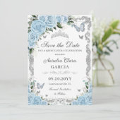Hemelsblauw Bloemen Zilver Zoet Zestien QUINCEAÑER Save The Date (Staand voorkant)