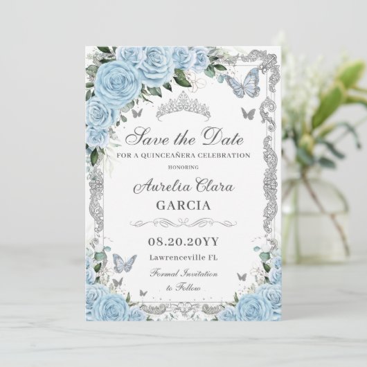 Hemelsblauw Bloemen Zilver Zoet Zestien QUINCEAÑER Save The Date (Staand voorkant)