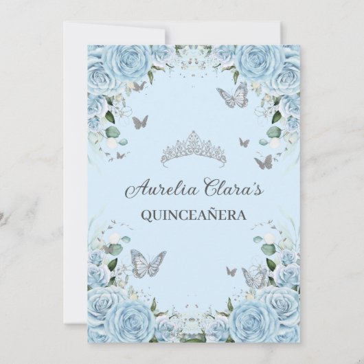 Hemelsblauw Bloemen Zilver Zoet Zestien QUINCEAÑER Save The Date (Achterkant)