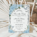 Hemelsblauw Bloemen Zilver Zoet Zestien QUINCEAÑER Save The Date<br><div class="desc">c) De Happy Cat Studio</div>