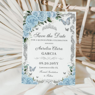 Hemelsblauw Bloemen Zilver Zoet Zestien QUINCEAÑER Save The Date