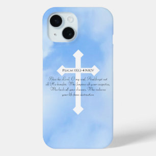 Hemelsblauw Christelijk Healing Bijbel Verse Cross iPhone 15 Case