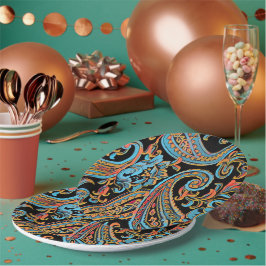 Hemelsblauw en herfst oranje vintage paisley papieren bordje