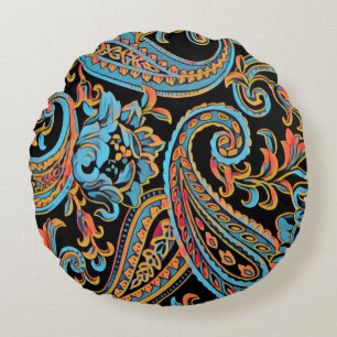 Hemelsblauw en herfst oranje vintage paisley rond kussen