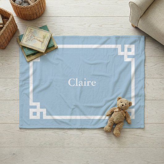 Hemelsblauw en Witte Griekse Sleutel Monogram Fleece Deken