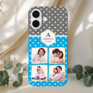 Hemelsblauw en Witte Sterren Patroon Foto Collage iPhone 16 Hoesje