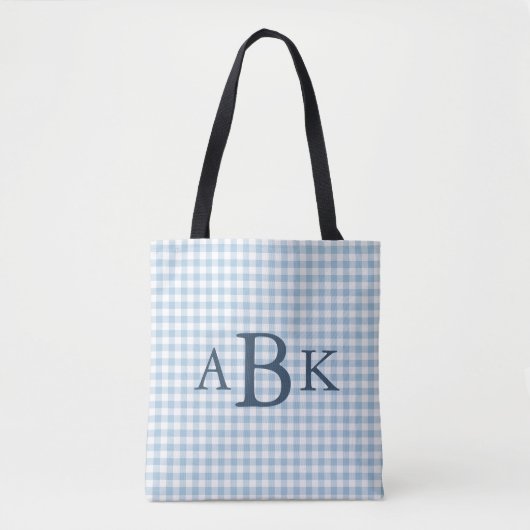 Hemelsblauw geruit met monogram tote bag (Voorkant)
