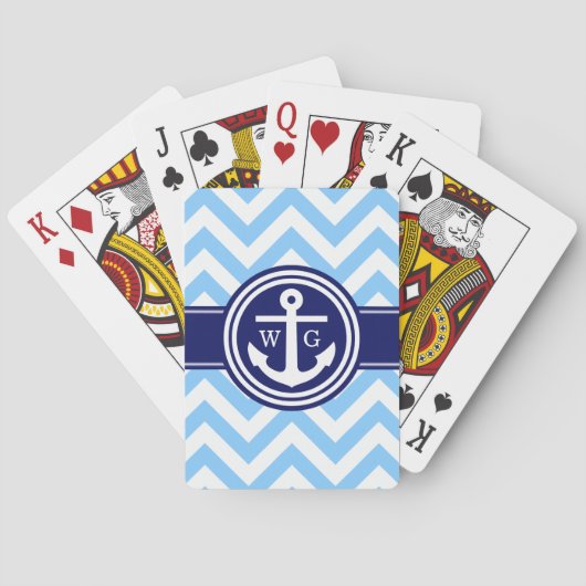 Hemelsblauw Marineblauw Wit LG Chevron Anker Monog Speelkaarten (Achterkant)
