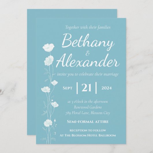 Hemelsblauw met witte bloemen bruiloft uitnodiging (Voorkant / Achterkant)