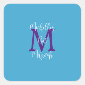 Hemelsblauw Paarse Witte Vleermuis Mitzvah Naam Mo Vierkante Sticker (Voorkant)
