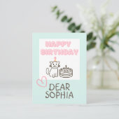 Hemelsblauw&Roze Gelukkige Verjaardag Kat Postkaar Briefkaart (Staand voorkant)