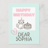 Hemelsblauw&Roze Gelukkige Verjaardag Kat Postkaar Briefkaart (Voorkant)