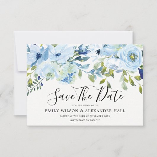 Hemelsblauwe Aquarel Bloemen Moderne Trouwdag Save The Date (Voorkant)