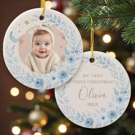 Hemelsblauwe baby eerste kerst foto keramisch ornament