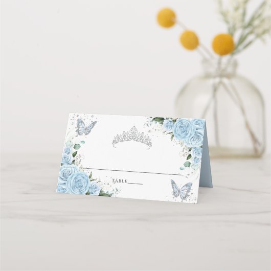 Hemelsblauwe Bloemige Vlinders Quinceañera XV 16 Plaatskaartje (Achterkant)