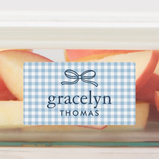 Hemelsblauwe Gingham Strik Monogram Labels (Aangebracht)
