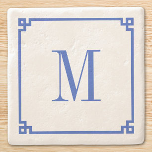 Hemelsblauwe Griekse Sleutelrand Monogram Stenen Onderzetter