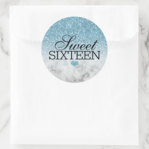 Hemelsblauwe nepglitter/marmer Sweet 16 Ronde Sticker