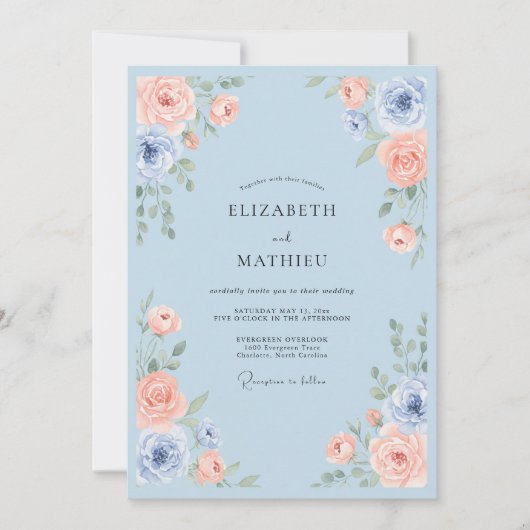 Hemelsblauwe Serene Rozen Bruiloft Kaart (Voorkant)