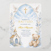 Hemelsblauwe Teddybeer Doop Uitnodiging (Voorkant)
