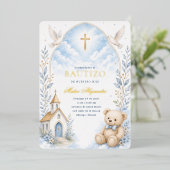 Hemelsblauwe Teddybeer Doop Uitnodiging (Staand Voorkant)