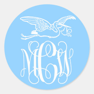 Hemelsblauwe Witte Wingerd Monogram Lettertype Ooi Ronde Sticker
