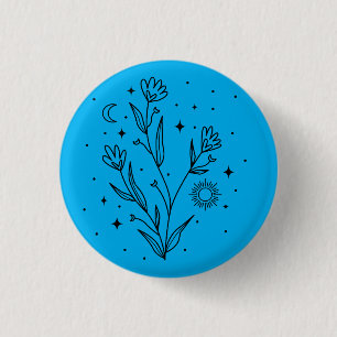 Hemelsblauwe & Zwarte Bloem Knop Stijlvolle Speld Ronde Button 3,2 Cm