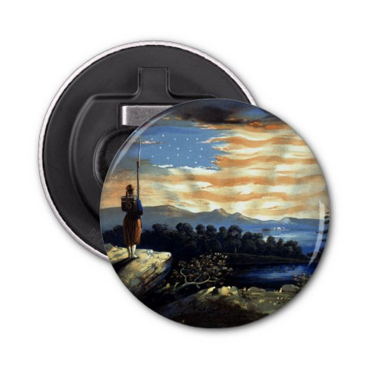 Hemelse Amerikaanse vlag in de lucht, Zouave Burge Button Flesopener (Voorkant)