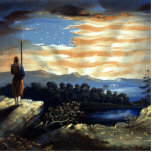 Hemelse Amerikaanse vlag in de lucht, Zouave Burge Fotobeeldje Magneet<br><div class="desc">De rook van de strijd was opgeruimd en liet een landschap achter dat getekend was door conflicten. Maar toen de zon begon op te komen en haar gouden stralen op het door oorlog verscheurde terrein wierp, ontstond er een ander soort schoonheid. De Zouave, moe van de beproeving van de dag,...</div>