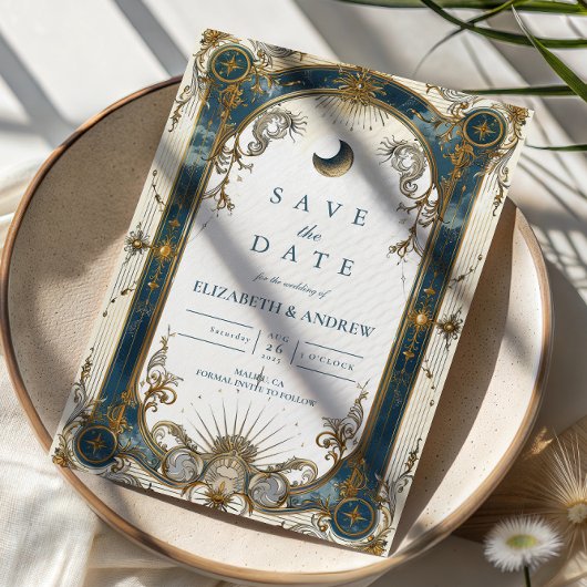 Hemelse Art Nouveau Blauwe Gouden Bruiloft Save The Date