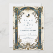 Hemelse Art Nouveau Blauwe Gouden Bruiloft Save The Date (Voorkant)