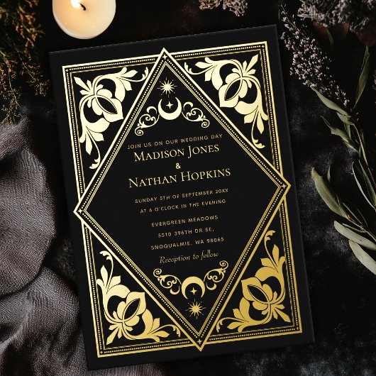 Hemelse Art Nouveau Tarot Gotische bruiloft Folie Uitnodiging