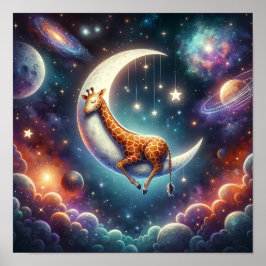 Hemelse baby-giraffe slaapt op maan en sterren poster