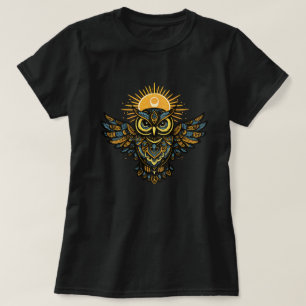 Hemelse Beschermer Uil Zon Halo Volkskunst T-shirt