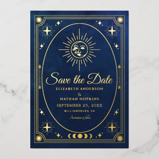 Hemelse Blauwe Tarot Trouwfoto Sla de datum op Folie Uitnodiging (Voorkant)